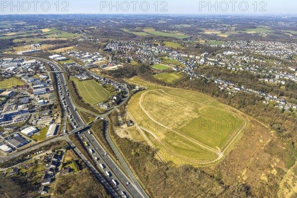 Aerial view, Kippe Projektentwicklung Enerke GmbH An der Kohlenbahn, motorway A1 with traffic jam,