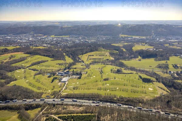 Aerial view, Golf course Gut Berge, motorway A1 with traffic jam, Berge, Gevelsberg, Ruhr area,