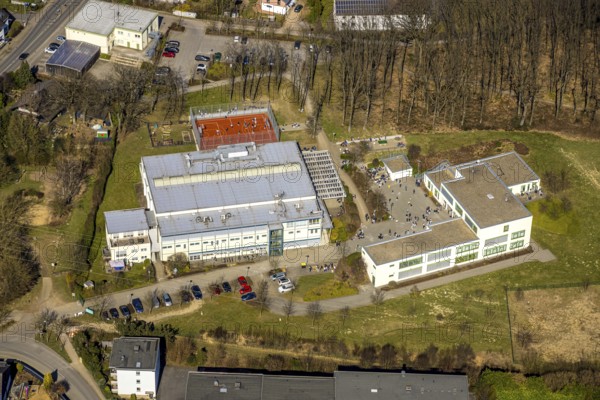 Aerial view, Georg-Müller-Schule comprehensive school with schoolyard and pupils, red football