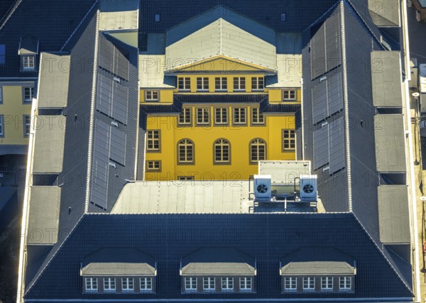 Aerial view, town hall with renovation, inner courtyard window front, shapes and colours, Witten,