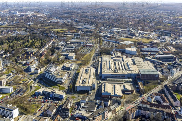Aerial view, medical centre Pferdebachstraße with new extension and roundabout, bridge cycle path