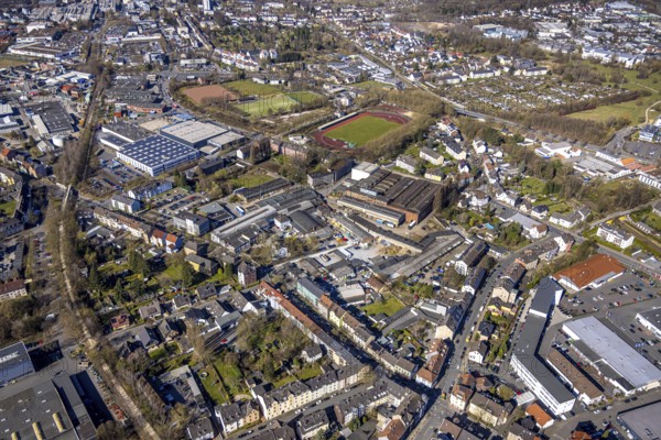 Aerial view, sports facility Wullenstadion football stadium, former factory premises Eisenwerk