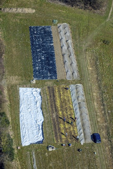Aerial view, covering tarpaulins in the herb garden and gardening at Christopherus-Haus e.V. -