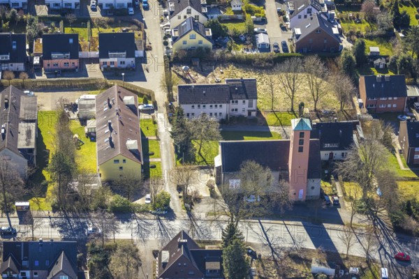 Aerial view, evang. Friedenskirche and Kindergarten an der Ardeystraße, Annen, Witten, Ruhr area,