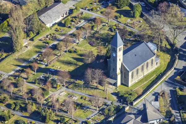Aerial view, Protestant church and cemetery burial ground Wemerstraße, Rüdinghausen, Witten, Ruhr
