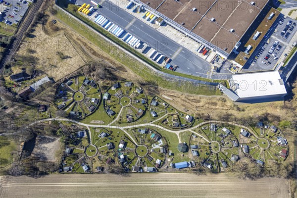 Aerial view, KGV allotment garden association Mellmausland with circular arrangement, at the Amazon