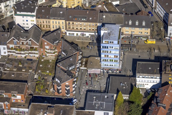 Aerial view, Berliner Platz at Bahnhofstraße, residential buildings and high-rise building in the
