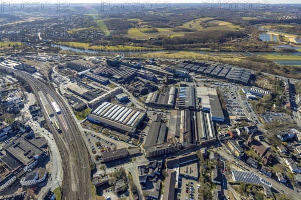 Aerial view, Deutsche Edelstahlwerke Steel Gmbh, view to the river Ruhr and into the Muttental
