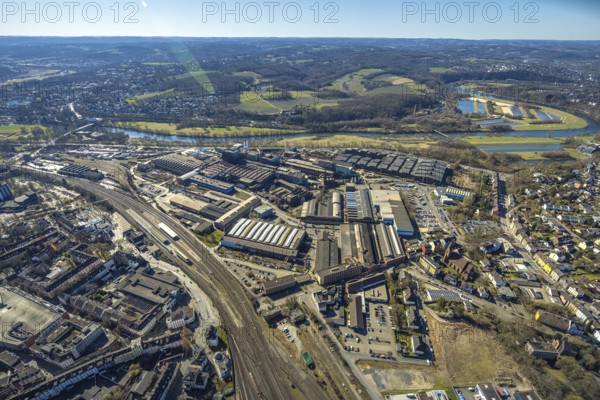 Aerial view, Deutsche Edelstahlwerke Steel Gmbh, view to the river Ruhr and into the Muttental