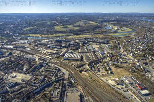 Aerial view, Deutsche Edelstahlwerke Steel Gmbh, view to the river Ruhr and into the Muttental