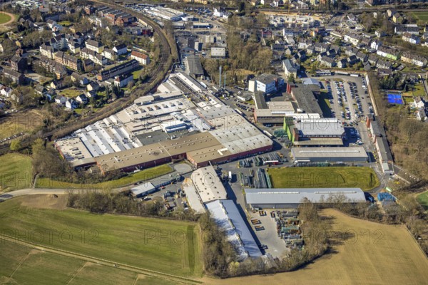 Aerial view, Pilkington Automotive Deutschland GmbH, factory premises at Almstraße, sunshine,
