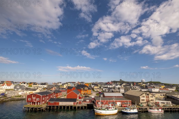 Fishing boats in the harbour, Vardø observatory, view of Vardø, Finnmark, Norway, Scandinavia,