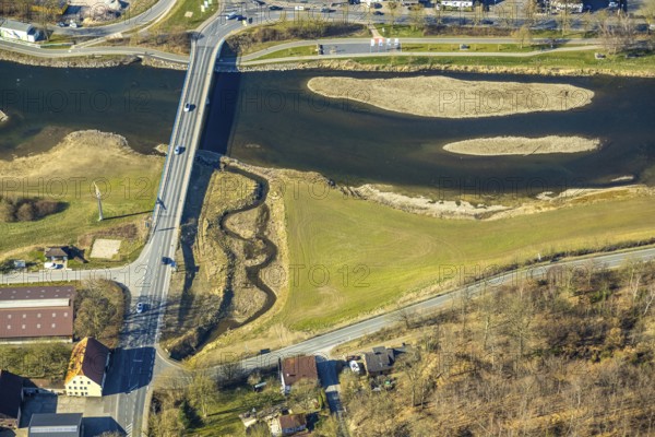 Aerial view, Ruhr bridge Wickede (Ruhr) over the river Ruhr with sandbanks, Mühlenbach meander,