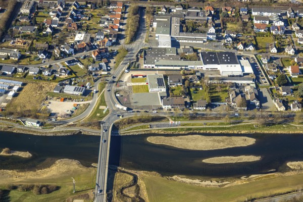 Aerial view, Ruhr bridge Wickede (Ruhr) over the river Ruhr with sandbanks, Mühlenbach meander,