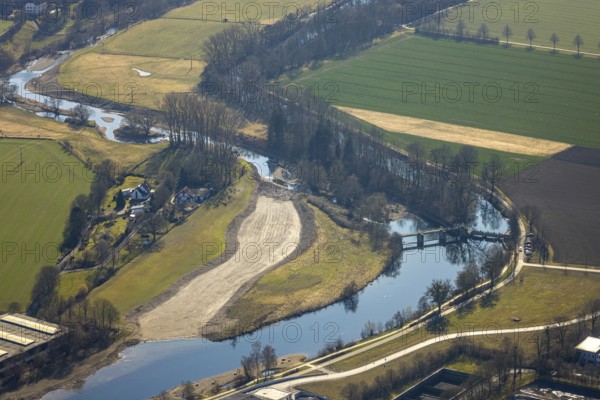 Aerial view, river Ruhr with weir, dry riverbed Am Graben, Wimbern, Wickede, Soester Börde, North