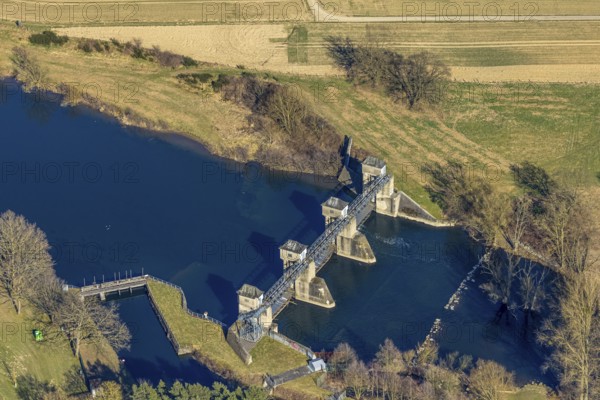 Aerial view, Fröndenberger Wehr am Fluss Ruhr, Wickede, Soester Börde, North Rhine-Westphalia,