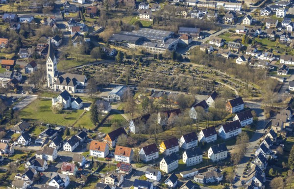 Aerial view, catholic parish church Saint Anthony of Padua and catholic cemetery Wickede burial