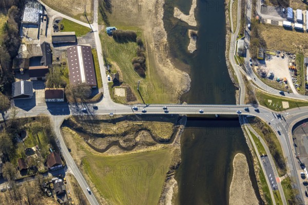 Aerial view, Ruhr bridge Wickede (Ruhr) over the river Ruhr with sandbanks, Mühlenbach meander,