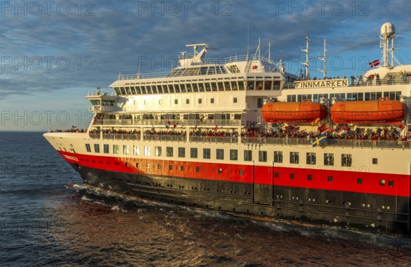 Tourists at the ship's railing, ship MS Finnmarken, Mehamn, Finnmark, Norway, Scandinavia, Europe,