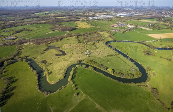 Aerial view, river Lippe meander, Lippe floodplain nature reserve from Werne to Heil, city limits