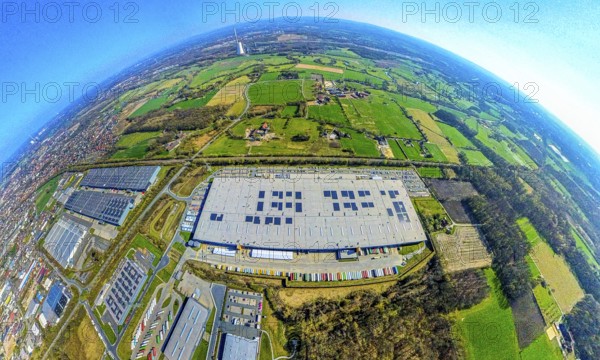 Aerial photography, Amazon logistics, Amazon DE DTM1, earth globe, fisheye shot, fisheye shot, 360