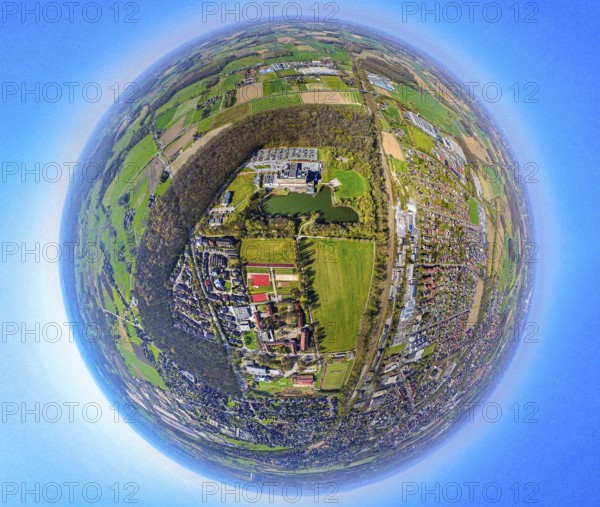 Aerial photo, Werne am See hospital, forest strip, globe, fisheye image, fisheye image, 360 degree