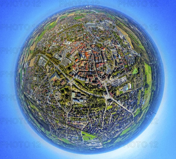 Aerial view, residential area, view of town centre, earth globe, fisheye shot, fisheye shot, 360