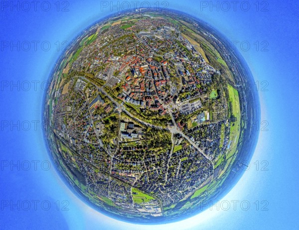 Aerial view, residential area, view of town centre, earth globe, fisheye shot, fisheye shot, 360