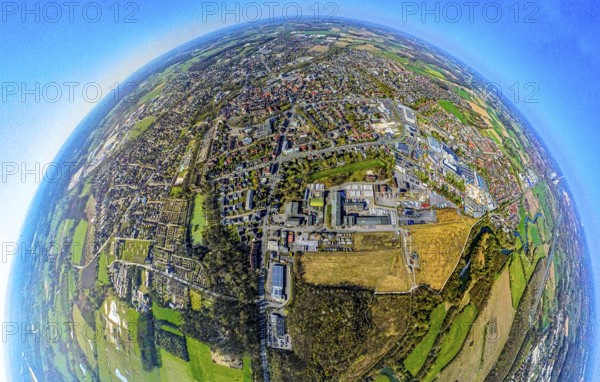 Aerial view, former. Werne colliery shaft 1/2, brownfield area Flöz-Zollverein-Straße, globe,