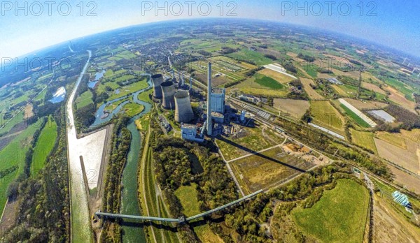 Aerial view, RWE Generation SE Gersteinwerk power plant with cooling towers, Lippe river and