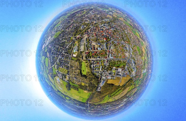 Aerial view, residential area local view Werne-Stockum, earth globe, fisheye shot, fisheye shot,