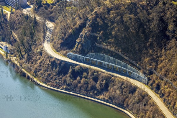 Aerial view, beach path - hiking trail and cycle path at the Harkortsee, catchment grid on the