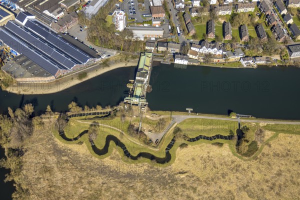 Aerial view, Harkort Weir power station with fish ladder at the Obergraben, HSOS Industrial