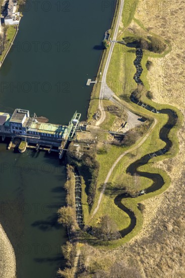 Aerial view, Harkort Weir power station with fish ladder at the Obergraben, Wetter, Ruhr area,