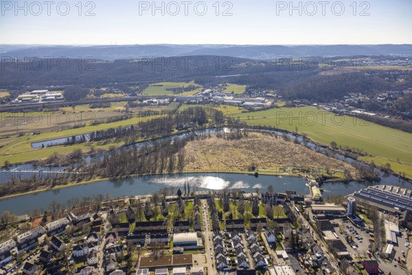 Aerial view, residential area Ringstraße am Obergraben and river Ruhr with community waterworks