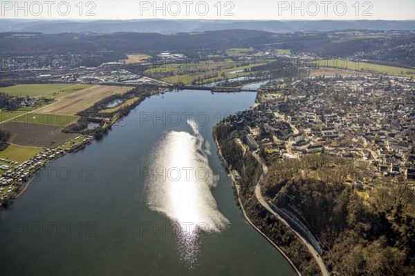 Aerial view, Harkortsee with sun reflection and view to the Obergrabenbrücke, on the right Wetter