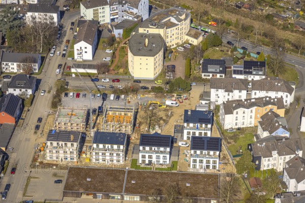 Aerial view, construction site with new residential buildings on Steinstraße, behind senior