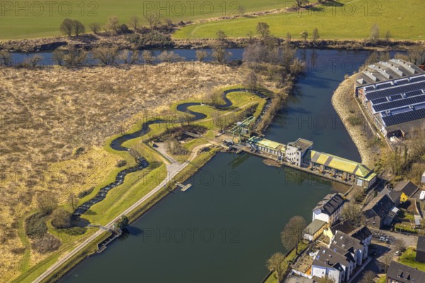 Aerial view, Harkort Weir power station with fish ladder at the Obergraben, Wetter, Ruhr area,