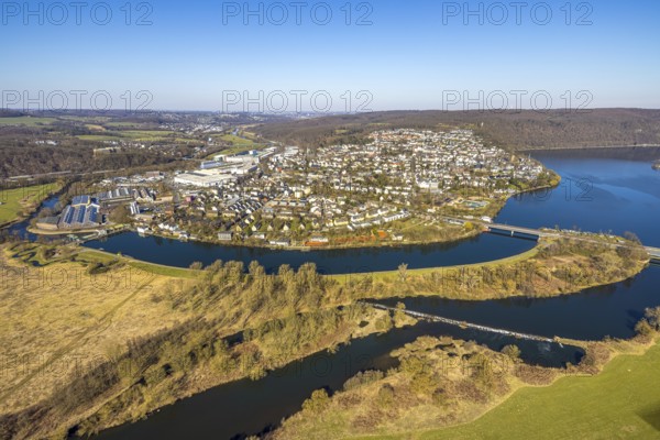 Aerial view, local view residential area with river Ruhr and Obergraben and Obergrabenbrücke
