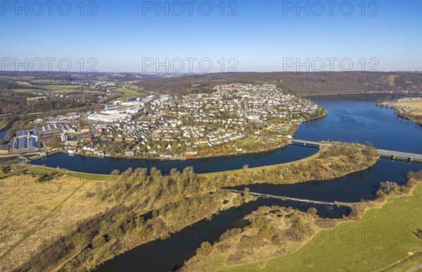 Aerial view, local view residential area with river Ruhr and Obergraben and Obergrabenbrücke