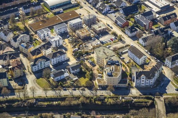 Aerial view, construction site with new residential buildings on Steinstraße, Seniorenresidenz
