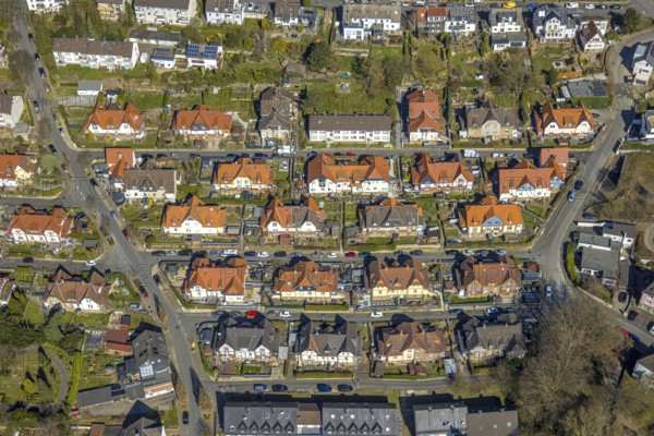 Aerial view, housing estate Stuckenholzhöhe Alt Wetter, architectural monument with red roofs