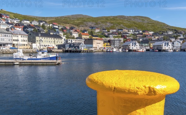 Ship landing stage with bollard, view of Honningsvåg, Finnmark, Norway, Scandinavia, Europe,