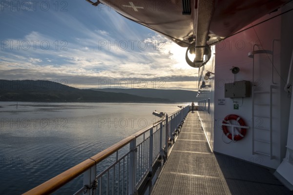 Ship railing in the evening light, Mehamn, Finnmark, Norway, Scandinavia, Europe, adventure travel,