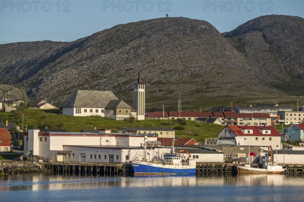 Town view and harbour, Mehamn Church, Mehamn, Finnmark, Norway, Scandinavia, Europe, adventure
