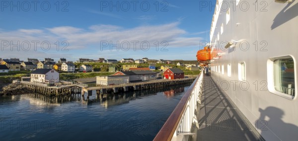 Ship railing and town view, Mehamn, Finnmark, Norway, Scandinavia, Europe, adventure travel,