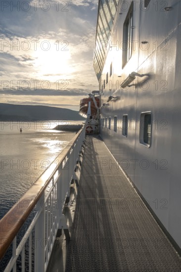 Ship railing in the evening light, Mehamn, Finnmark, Norway, Scandinavia, Europe, adventure travel,
