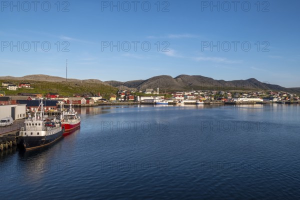 Town view and harbour, Mehamn Church, Mehamn, Finnmark, Norway, Scandinavia, Europe, adventure