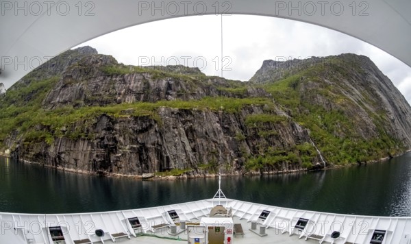 Cruise in a fjord, ship bow, Digermulen, Nordland, Norway, Scandinavia, Europe, adventure trip,