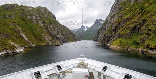 Cruise in a fjord, ship bow, Digermulen, Nordland, Norway, Scandinavia, Europe, adventure trip,